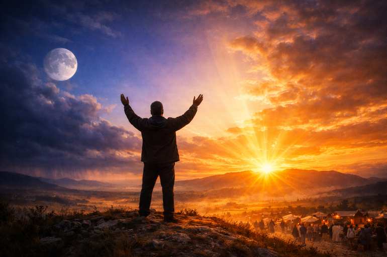 Homme en prière au lever du soleil face à un ciel doré, observant le vrai Sabbat selon le calendrier biblique luni-solaire — réflexion spirituelle LouangeFM