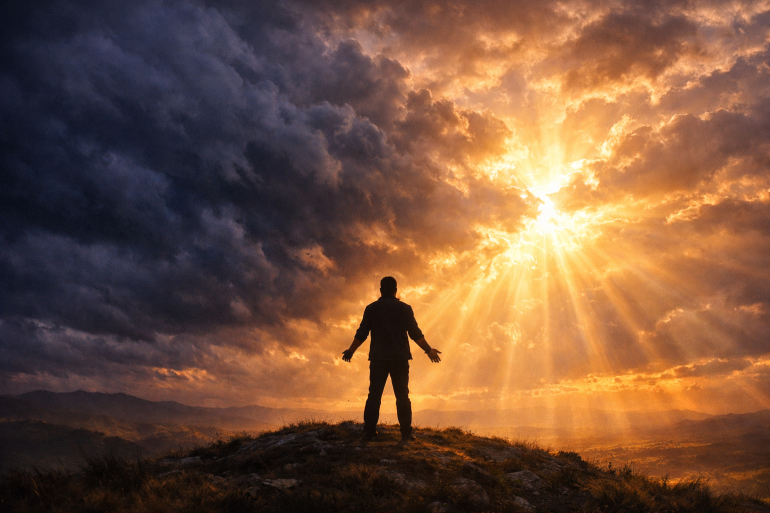 Silhouette d'un homme debout face à un ciel dramatique au coucher du soleil, les bras ouverts en attente du retour de Christ — réflexion spirituelle LouangeFM