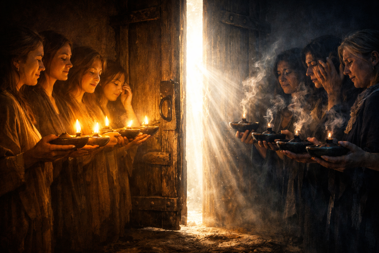 Cinq lampes allumées et cinq lampes éteintes dans l'obscurité, symbolisant la parabole des dix vierges et l'urgence de se préparer au retour de Christ — LouangeFM