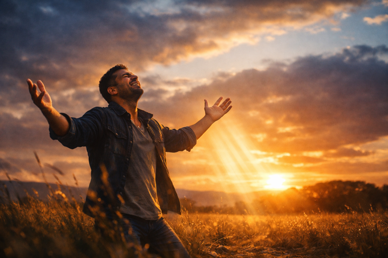 Homme les mains levées vers le ciel baigné de lumière divine dorée, symbole de repentance et de baptême du Saint-Esprit — réflexion spirituelle LouangeFM