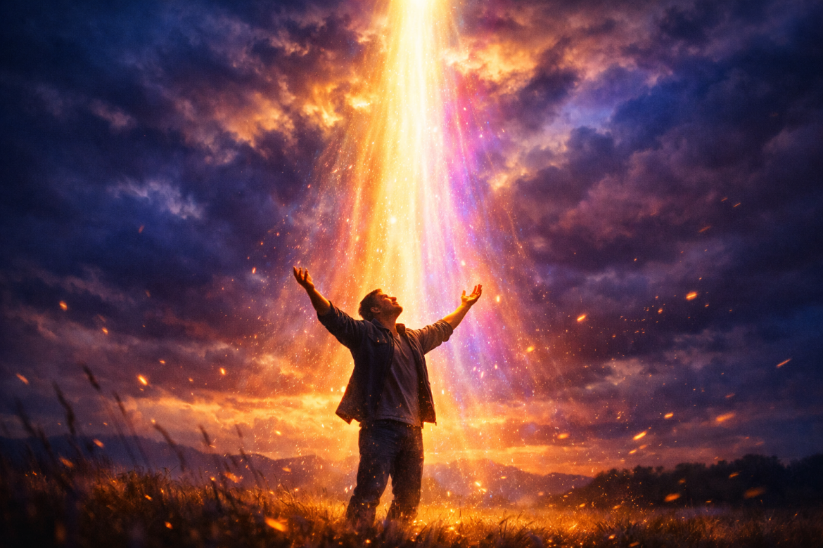 Croyant les mains levées vers le ciel en feu de l'Esprit Saint, lumière divine dorée descendant sur lui — réflexion spirituelle LouangeFM sur la puissance du Saint-Esprit