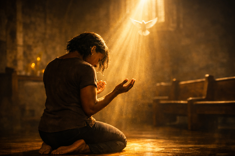 Femme brisée en prière baignée d'une lumière divine dorée, symbole d'espérance et de guérison après le deuil — réflexion spirituelle LouangeFM